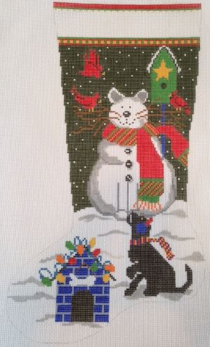 click here to view larger image of Cat Snowman Stocking - Green (hand painted canvases)
