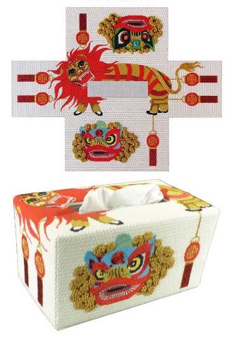 click here to view larger image of Lion Dancer Tissue Topper (hand painted canvases)