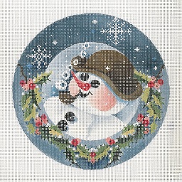 click here to view larger image of Snowman With Brown Derby - Holly Border Ornament (hand painted canvases)