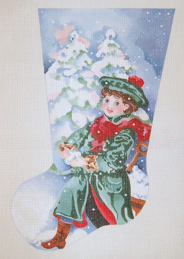 click here to view larger image of Boy In Green Coat Pulling Wagon Stocking (hand painted canvases)