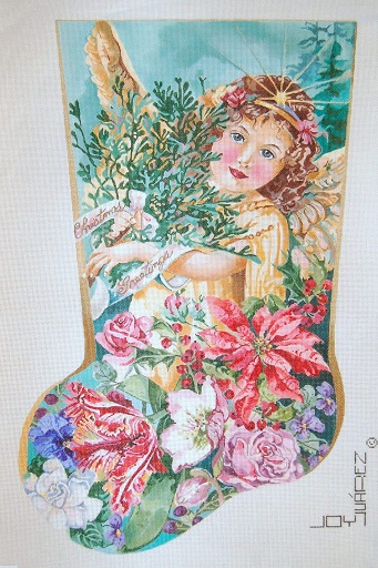 click here to view larger image of Christmas Angel - Floral Stocking (hand painted canvases)
