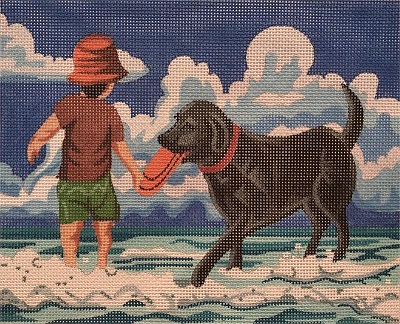 click here to view larger image of Boy playing Frisbee with Black Lab (hand painted canvases)