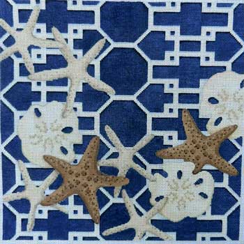 click here to view larger image of Starfish / Sand Dollars Lattice / Navy (hand painted canvases)