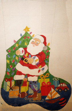 click here to view larger image of Santa Stringing Lights Stocking (hand painted canvases)