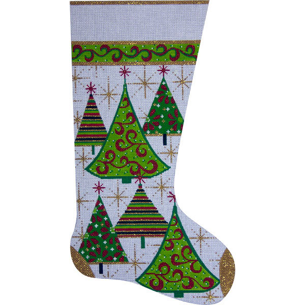 click here to view larger image of Gold Christmas Trees Stocking (hand painted canvases)