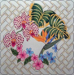 click here to view larger image of Tropical Pillow / Lattice Border (hand painted canvases)