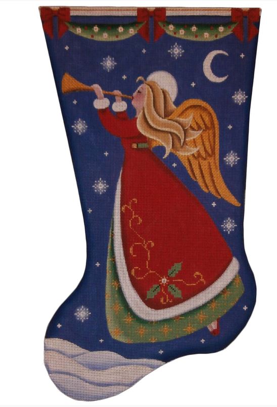 click here to view larger image of Horn Angel Stocking (hand painted canvases)