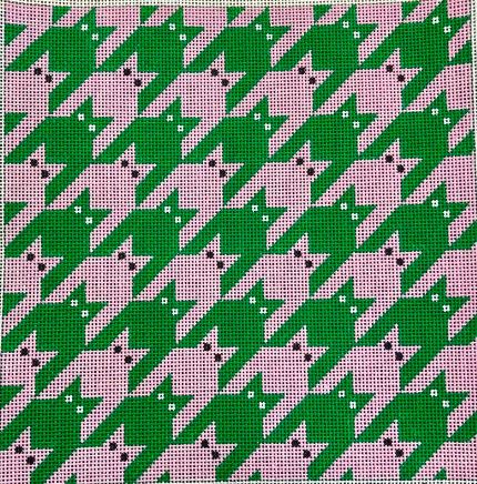 click here to view larger image of Houndstooth Kitty Pillow Top - Pink & Green  (hand painted canvases)