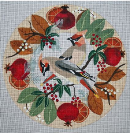 click here to view larger image of Waxwings in Wreath (hand painted canvases)