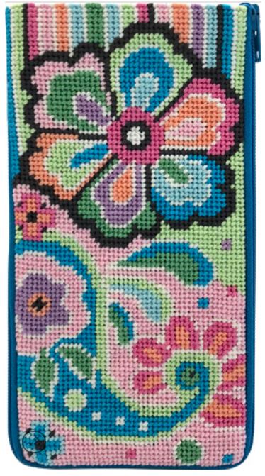 click here to view larger image of Pastel Floral on Stripes - Stitch & Zip Eyeglass Case (hand painted canvases)