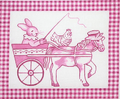 click here to view larger image of Bunny in Cart with Horse & Hen - Pink Toile  (hand painted canvases 2)