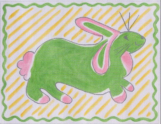 click here to view larger image of Rabbit - Pink & Green on Yellow Stripes  (hand painted canvases 2)