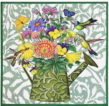 click here to view larger image of Green Watercan Bouquet w/Hummingbirds (hand painted canvases)
