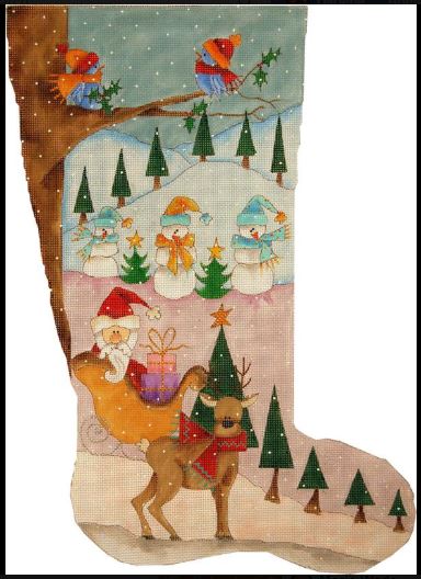 click here to view larger image of Santa/Reindeer/Snowman/Birds Stocking (hand painted canvases)