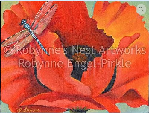click here to view larger image of Orange Poppy with Dragonfly (hand painted canvases)