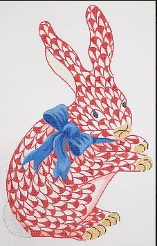 click here to view larger image of Fishnet Red Bunny with Blue Bow (hand painted canvases 2)