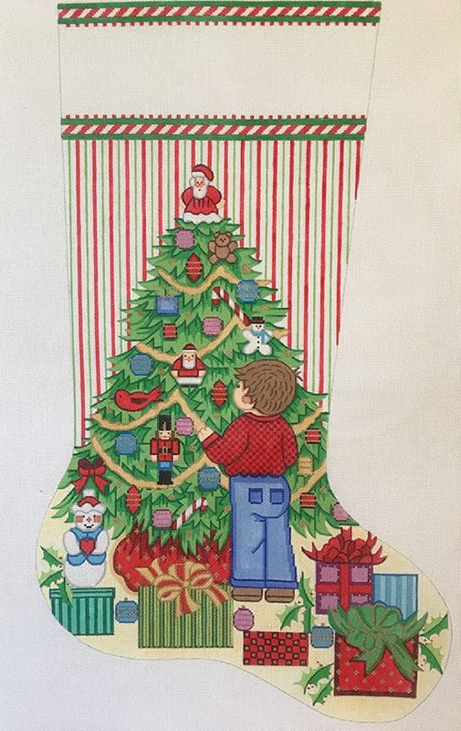 click here to view larger image of Christmas Stocking - Boy Decorating Christmas Tree (hand painted canvases)