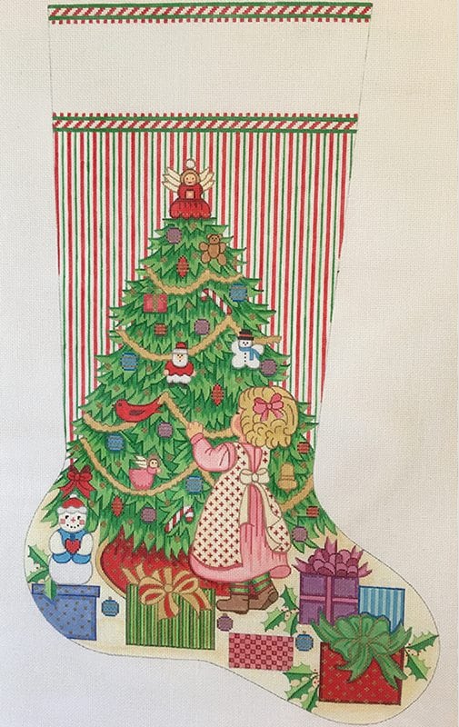click here to view larger image of Christmas Stocking - Girl Decorating Christmas Tree (hand painted canvases)