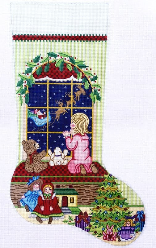 click here to view larger image of Christmas Stocking - Girl Watching Santa Fly Away (hand painted canvases)