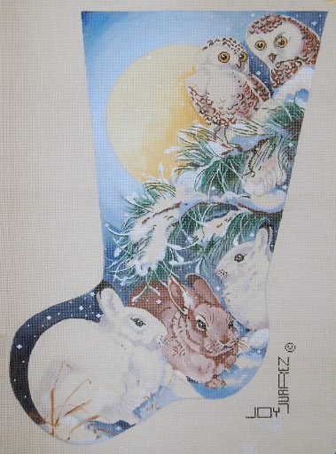 click here to view larger image of Snow Bunnies and Owls in the Moonlight Stocking Right Facing (hand painted canvases)