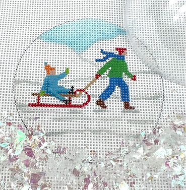 click here to view larger image of Child Pulling Toddler on Sled Ornament w/Clear Dome and Confetti (hand painted canvases 2)
