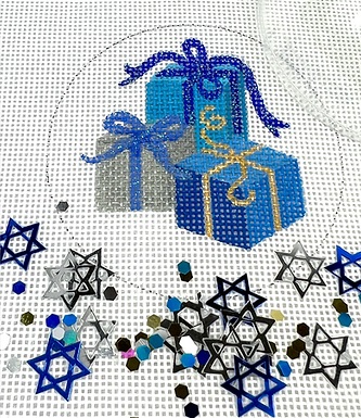 click here to view larger image of Hanukkah Gifts Ornament w/Clear Dome and Confetti (hand painted canvases 2)