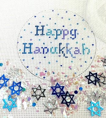 click here to view larger image of Happy Hanukkah Ornament w/Clear Dome and Confetti (hand painted canvases 2)