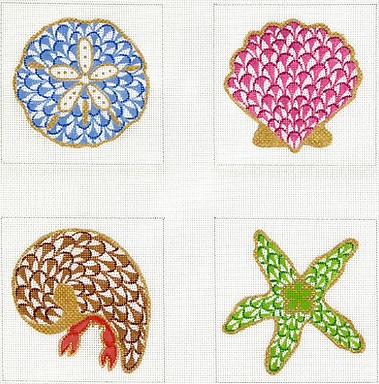 click here to view larger image of Fishnet Shells/Sealife Coasters (hand painted canvases 2)