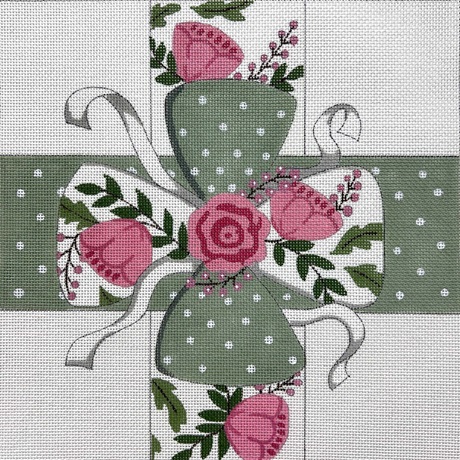 click here to view larger image of Pink Flowers and Sage Bow (hand painted canvases)