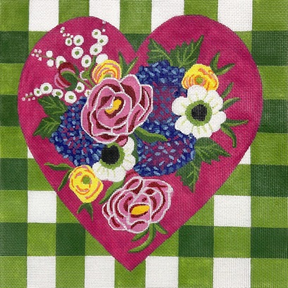 click here to view larger image of Green Gingham Floral Heart (hand painted canvases)