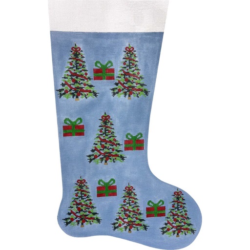 click here to view larger image of Blue w/Trees and Gifts Stocking (hand painted canvases)