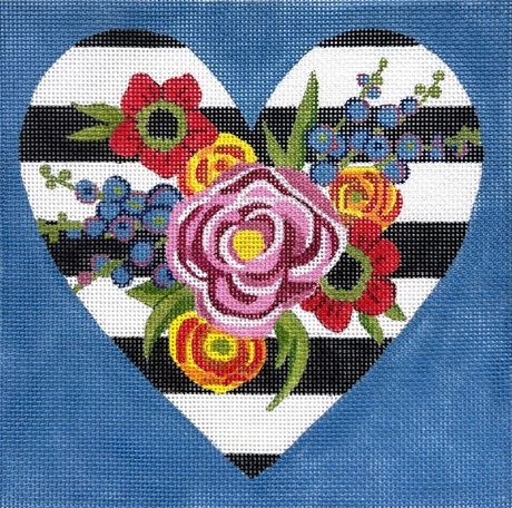 click here to view larger image of Black/White Stripe Floral Heart (hand painted canvases)