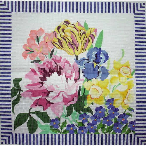 click here to view larger image of Flowers w/Blue Stripe Border (hand painted canvases)