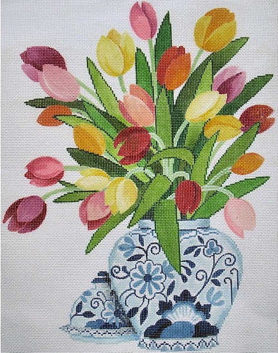 click here to view larger image of Tulips in w/Blue and White Vase (hand painted canvases)