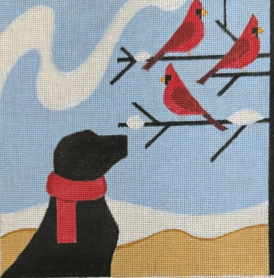 click here to view larger image of Black Lab and Cardinals (hand painted canvases)