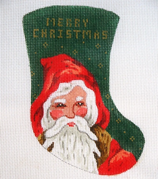 click here to view larger image of Santa w/Hood/Green & Gold Pattern Mini Stocking (hand painted canvases)
