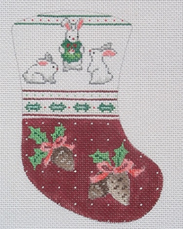 click here to view larger image of Three Bunnies/Holly/Pine Cones Mini Stocking (hand painted canvases)