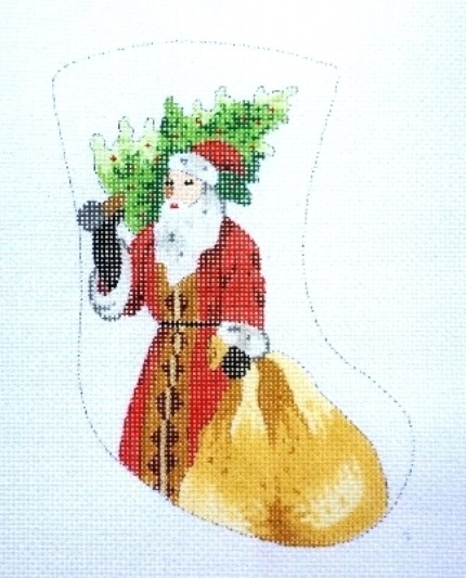 click here to view larger image of Santa Holding Christmas Tree & Gifts Bag Mini Stocking (hand painted canvases)