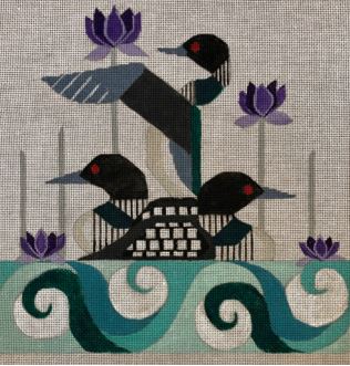 click here to view larger image of Loons & Lotus (hand painted canvases)