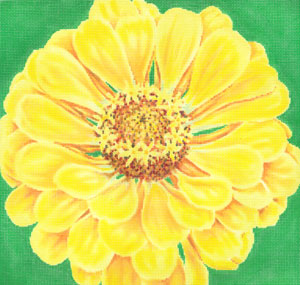 click here to view larger image of Canary Zinnia/Green Background (hand painted canvases)