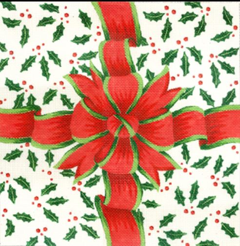 click here to view larger image of Red/Green Ribbon with Holly  (hand painted canvases)