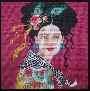 click here to view larger image of Lady w/Maroon Background (hand painted canvases)