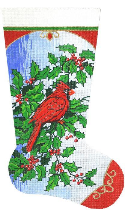 click here to view larger image of Cardinal & Holly Stocking (hand painted canvases)