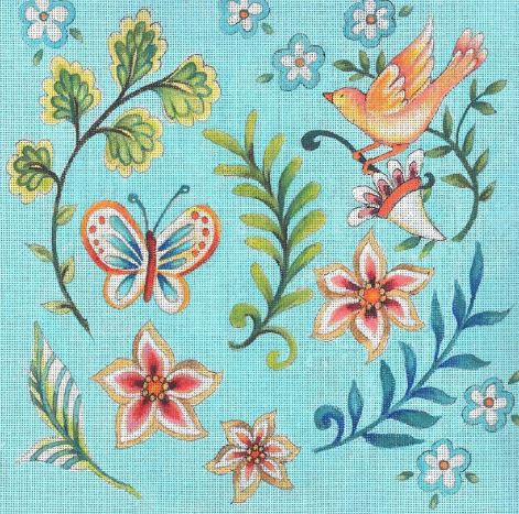 click here to view larger image of Folk Flower Pattern - Light Blue (hand painted canvases)