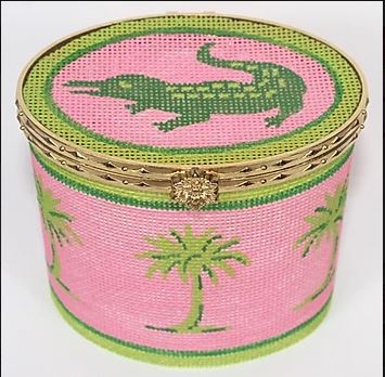 click here to view larger image of Limoges Box - Lg. Oval Green Gator and Palms on Hot Pink (hand painted canvases 2)