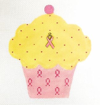 click here to view larger image of Pink Ribbon Cupcake - Yellow (hand painted canvases)