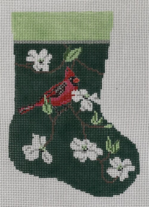 click here to view larger image of Cardinal and White Dogwood Mini Stocking (hand painted canvases)