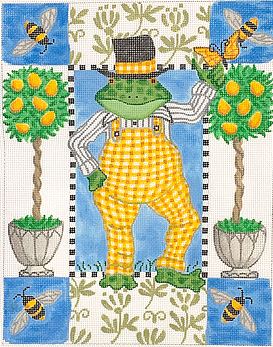 click here to view larger image of Frog in Yellow Gingham Overalls w/Bees & Lemon Topiaries (hand painted canvases 2)
