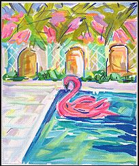 click here to view larger image of Flamingo Floating in Pool (hand painted canvases 2)