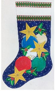 click here to view larger image of Christmas Ornaments and Stars Stocking (hand painted canvases)